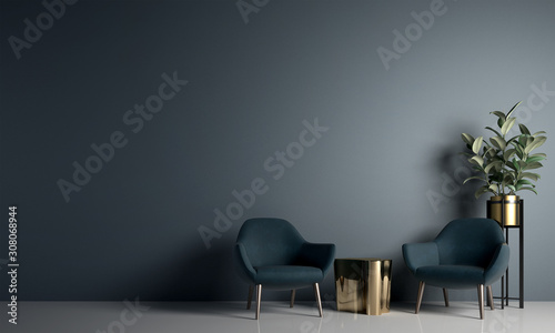 Fotografía Modern cozy living room and blue wall texture background interior design / 3D re