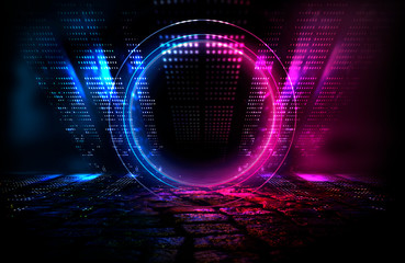 Wall Mural - empty background scene. dark street reflection on wet asphalt. rays of neon light in the dark, neon 