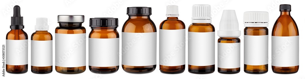 Set collection row of various brown medicine pill glass pipette dropper bottle with blank copyspace label design pattern without isolated white panorama background - obrazy, fototapety, plakaty 