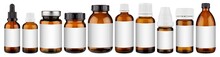 Set Collection Row Of Various Brown Medicine Pill Glass Pipette Dropper Bottle With Blank Copyspace Label Design Pattern Without Isolated White Panorama Background