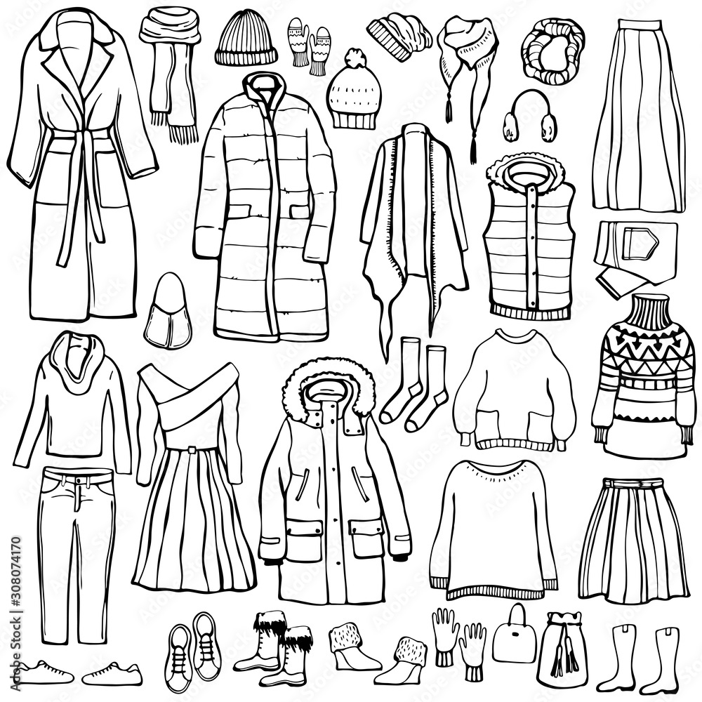 Winter fashion. Hand drawn women's clothing and shoes. Vector sketch  illustration. Stock Vector | Adobe Stock