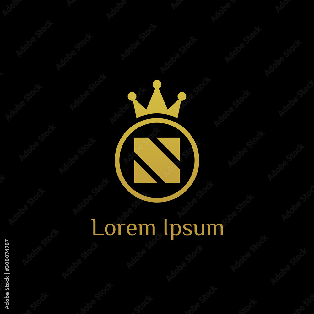 luxurious golden letter N logo design vector with crown and circle ...