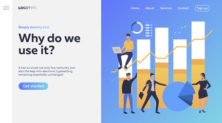 Poster - Business people studying infographics. Diagram, devices, pie chart. Efficiency concept. Vector illustration can be used for topics like business, work, time management