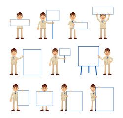 Wall Mural - Big set of businessman characters posing with different blank banners. Cheerful businessman holding paper, poster, placard, pointing to whiteboard. Teach, advertise, promote. Flat vector illustration