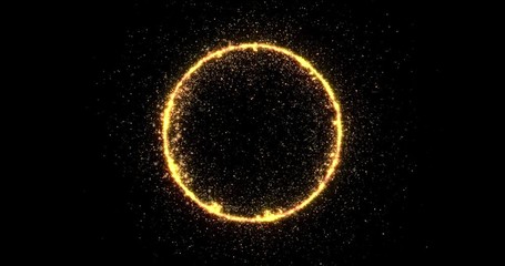 Wall Mural - Gold glitter circle of light shine sparkles and golden spark particles in circle frame on black background. Christmas magic stars glow, firework confetti of glittery ring shimmer