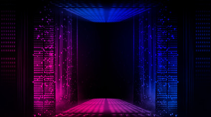 Empty background scene. Dark street reflection on wet asphalt. Rays of neon light in the dark, neon figures, smoke. Background of empty stage show. Abstract dark background.
