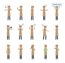 Set Of Detective Woman Characters Showing Different Actions, Emotions. Cheerful Detective Searching With Magnifying Glass, Holding Map, Taking Photo And Doing Other Actions. Flat Vector Illustration