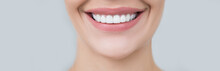 Perfect Female Smile On Gray Background. Healthy White Teeth, Advertising Dentistry