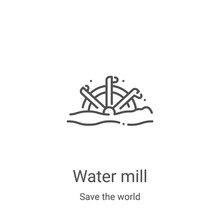 Water Mill Icon Vector From Save The World Collection. Thin Line Water Mill Outline Icon Vector Illustration. Linear Symbol For Use On Web And Mobile Apps, Logo, Print Media