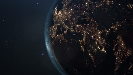 world and sun realistic 3d rendering. shiny sunlight over planet earth, cosmos, atmosphere, europe, 