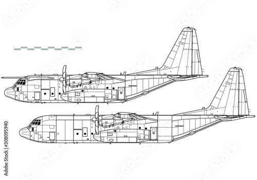 Cuadros en Lienzo Lockheed C-130J Super Hercules. Outline vector drawing