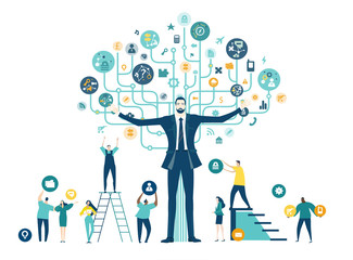 Business people trying get own place in business in the modern internet environment. Hightech electronic, microchips, icons and communication symbols at the background. Business concept illustration.