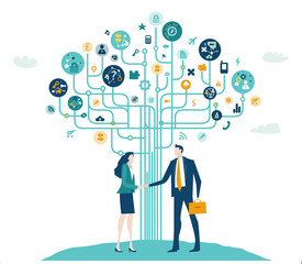 Two business people agreed the deal staying by the business tree made of many icons. High tech electronic, microchips, icons and communication symbols at the background. Business concept illustration.