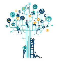Business people trying get own place in business in the modern internet environment. Hightech electronic, microchips, icons and communication symbols at the background. Business concept illustration.