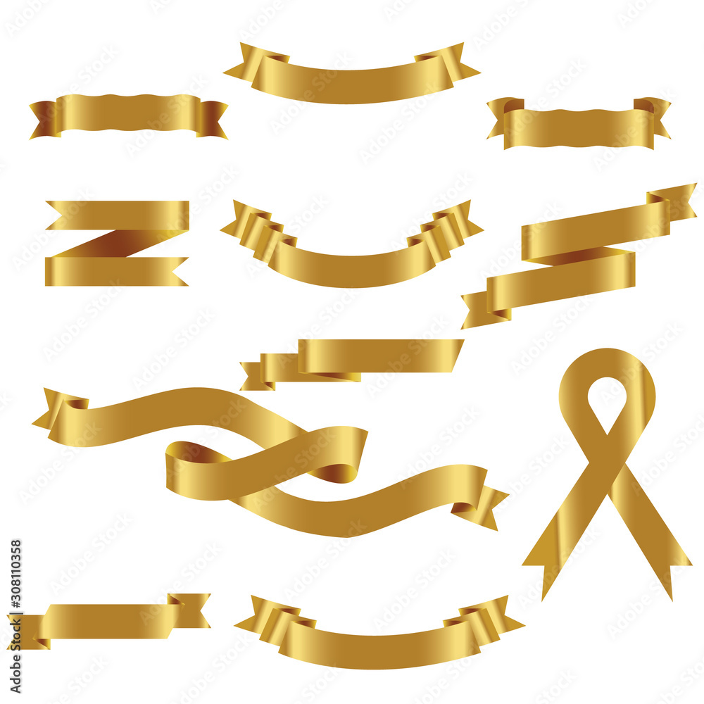 GOLD Ribbon Set In Isolated For Celebration And Winner Award Banner ...