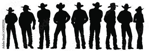 Photographie Vector silhouettes of cowboys and cowgirls standing.