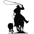 A vector silhouette of a cowboy riding a horse roping a calf.
