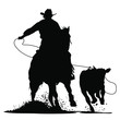 A vector silhouette of a cowboy riding a horse roping a calf.