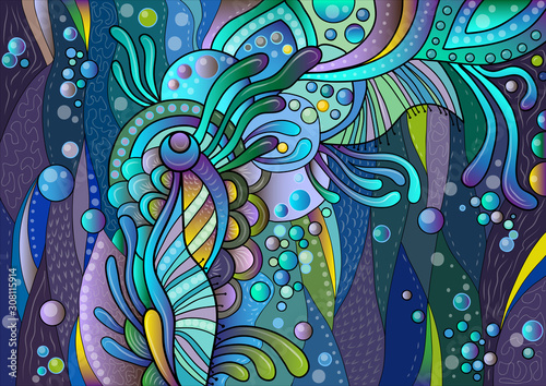 Dekoracja na wymiar  abstrakcyjny-kolorowy-wzor-z-kwiatowymi-i-wodnymi-elementami-naturalnymi-z-babelkami-na-niebieskim-b
