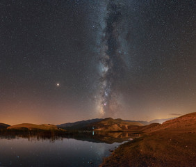 Long exposure of Milky way above desert with reflection in lake