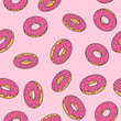 Donuts seamless pattern with pink glaze isometric retro comics pop style on pink background