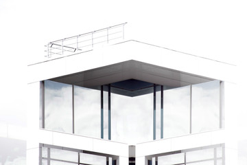 Poster - Digital collage on the subject of modern architecture. Angular terrace roof with steel balustrade. Minimalist business  building. Structural glazing with reflections of clouds.