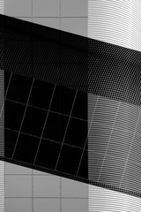Poster - Digitally altered photo of panels and corrugation metal structure. Modern architecture with checkered tile elements. Abstract polygonal geometric background. Grid pattern, parallel lines and curves