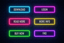 Glow Neon Buttons For Web Design. Set Of Website Button. Vector Shiny Design Elements. Action Signs For Internet Use