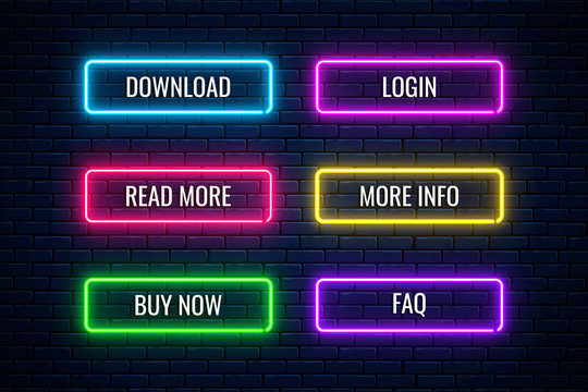 Glow neon buttons for web design. Set of website button. Vector shiny design elements. Action signs for internet use