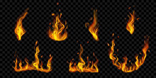 Set Of Translucent Burning Campfires And Fire Flames With Sparks On Transparent Background. For Used On Dark Illustrations. Transparency Only In Vector Format
