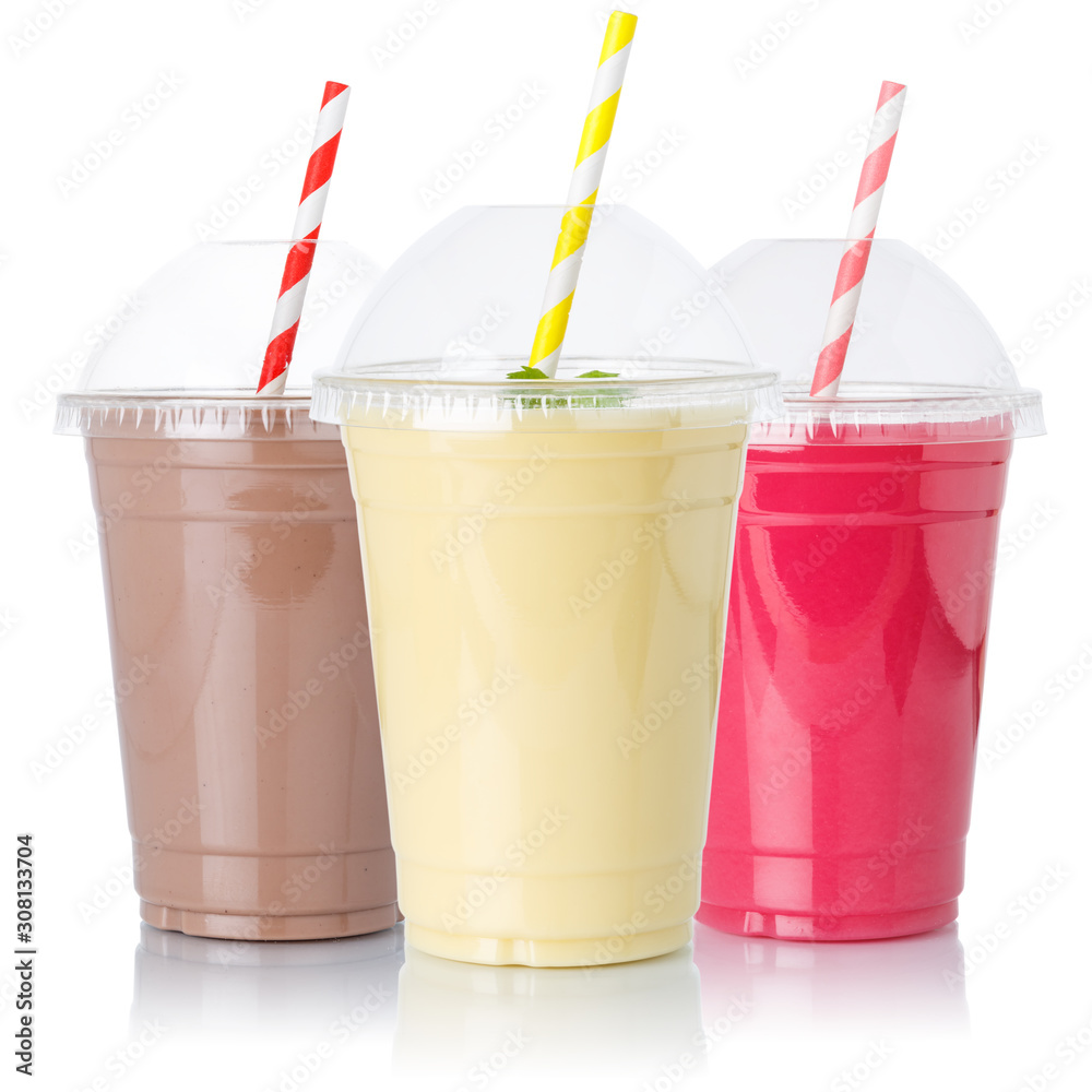 Chocolate vanilla strawberry milk shake milkshake collection straw in a cup isolated on white - obrazy, fototapety, plakaty 