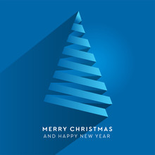 Simple Christmas Tree Made From Paper Stripe - Original New Year Card. Volume Blue Paper Cut Fir Like Arrow With Shadow.