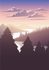 Wall Mural - vector landscape with a river among the forest. flat style illustration.