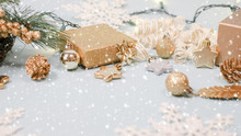 2020 Christmas And New Year Background Banner With The Beautiful Decor Gift For Holiday In Winter. On Bright Blue, Golden And Silver Color Theme With Snow Flake. Top View With Copy Space.