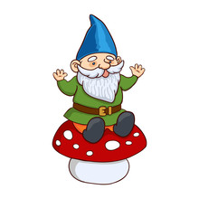 Vector Colorful Illustration Of Garden Gnome Sitting On A Mushroom. Cute Fairytale Character