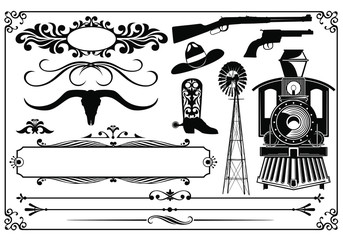 Wall Mural - vector black & white wild west themed design elements.