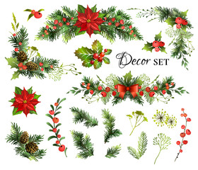 Wall Mural - Big set with Christmas decor elements for your design. Garland fective set. Vector illustration.