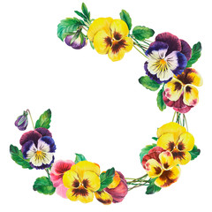 Floral round frame with pansies on isolated white background. Greeting card template. Design, wedding ivitation.  Wreath of pansy flowers with green leaves. Stock illustration.