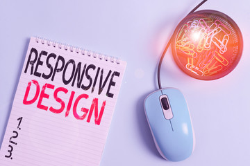 Fototapete - Word writing text Responsive Design. Business photo showcasing web page creation that makes use of flexible layouts Blank notebook and clips with computer mouse placed above pastel backdrop