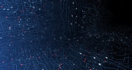 Poster - 4K seamless loop of print circuit technology cyber and futuristic concept. Circuit Board with moving electrons. CPU processing Data. Futuristic HUD technology Screen Data animation. 3D render
