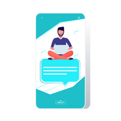 Poster - man using laptop computer chatting app social network communication concept guy sitting on chat bubble speech online messaging application full length vector illustration