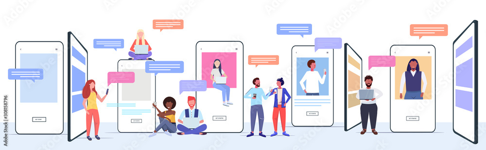 mix race people using chatting apps on digital devices social network chat bubble communication concept smartphone screens online mobile application full length horizontal vector illustration - obrazy, fototapety, plakaty 