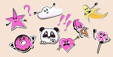Poster - funny cartoon icons set kawaii style characters collection horizontal vector illustration