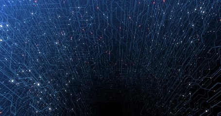 Poster - 4K seamless loop of print circuit technology cyber and futuristic concept. Circuit Board with moving electrons. CPU processing Data. Futuristic HUD technology Screen Data animation. 3D render