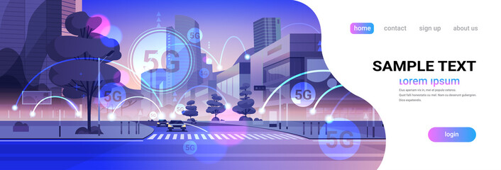 Poster - smart city 5G online communication network wireless systems connection concept fifth innovative generation of global high speed internet modern cityscape background flat horizontal copy space vector