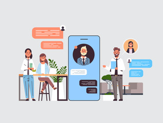 Poster - businesspeople using chatting app on digital devices social network chat bubble communication concep