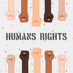 Canvas Print - interracial hands fist with humans rights lettering