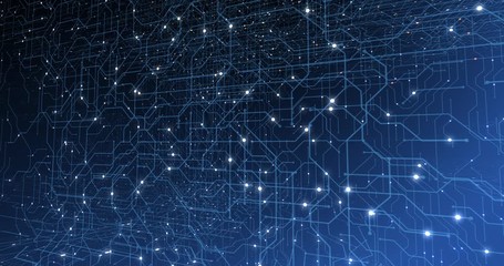Poster - 4K seamless loop of print circuit technology cyber and futuristic concept. Circuit Board with moving electrons. CPU processing Data. Futuristic HUD technology Screen Data animation. 3D render