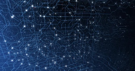 Poster - 4K seamless loop of print circuit technology cyber and futuristic concept. Circuit Board with moving electrons. CPU processing Data. Futuristic HUD technology Screen Data animation. 3D render