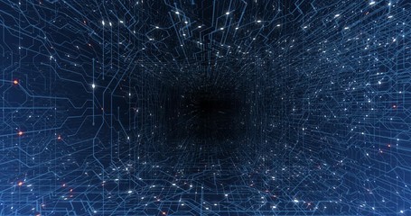 Poster - 4K seamless loop of print circuit technology cyber and futuristic concept. Circuit Board with moving electrons. CPU processing Data. Futuristic HUD technology Screen Data animation. 3D render